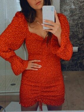 Women's Red Floral Shirred Mini Dress with Puff Sleeves